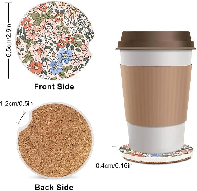 Absorbent Car Cupholder Coaster 2 Pack, Cute Car Coasters with a Finger Notch for Women & Men,2.56" Ceramic Stone & Non-Scratch Cork Base Drink Coasters (Cute Flowers&Grass)