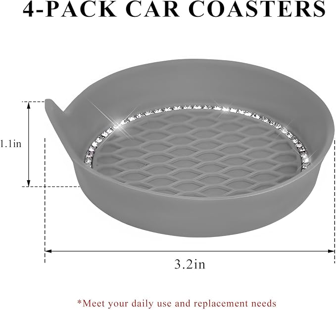 Sun Walker 4 PCS Bling Car Cup Holder Coaster, Non Slip Sparkly Rhinestone Cup Holder Pad Insert Coaster, Shockproof Silicone Shiny Embedded Drink Mat Interior Decor for Most Vehicles (Gray)