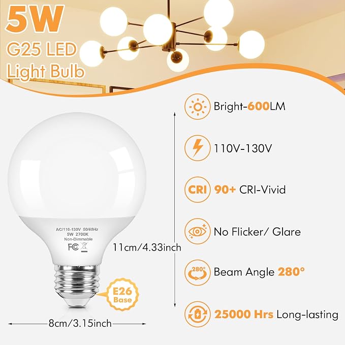 Brightever G25 LED Light Bulbs 60 Watt Equivalent, 2700K Warm White LED Globe Light Bulbs with E26 Base for Bathroom, 5W Round Light Bulb for Vanity Mirror, CRI90+, 600LM, Non-Dimmable, 4-Pack