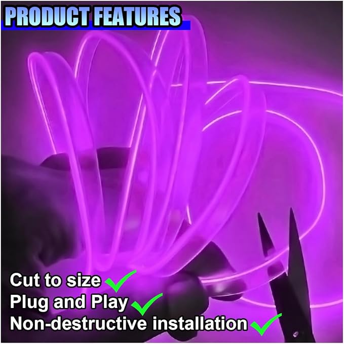 ZIMISI EL Wire Car Interior LED Strip Lights, Neon Light Strip (Purple) | 5V 16FT Car Ambient Lighting Decorations with Sewing Edge, USB Electroluminescent Car Interior Lights with Fuse Protection