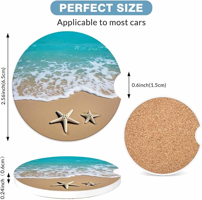 Summer Beach 2 Pack Car Cup Holder Coaster Sea Wave Starfish on Sand Anti Slip Insert Absorbent Ceramic Car Coaster with Cork Base and Finger Notch Cute Car Accessories Interior for Women Men