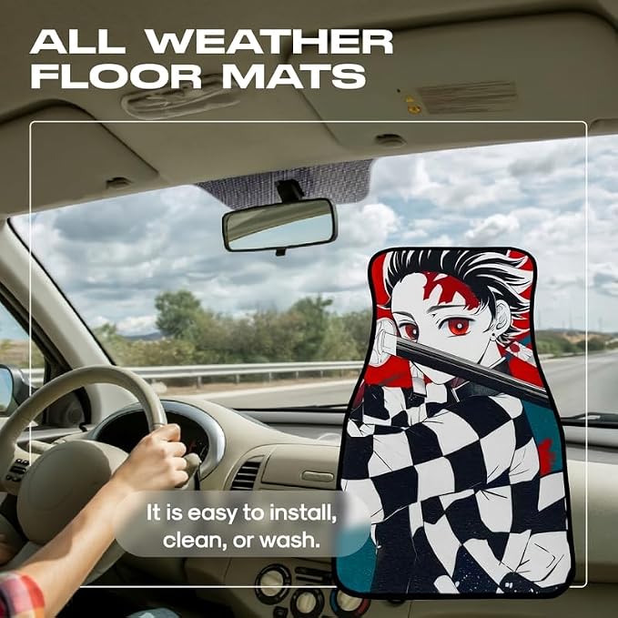 Anime Car Carpet Mat Set of 2 Front Design Automotive Accessories Interior All Weather Floor Mats Decor with Non Slip Black Anti Skid Backing (BlackOpXTanjroo)