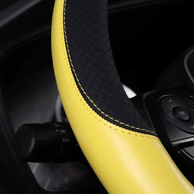 Auto Car Genuine Leather Steering Wheel Cover Anti Slip Wrap 15" (Yellow)