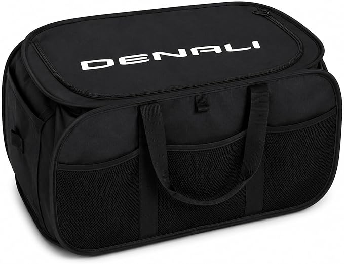 SR1 Performance USA GMC Denali Cargo Organizer – Expandable Pop Up Collapsible Trunk Storage Caddy for GMC Trucks & SUVs – Black with Denali Logo