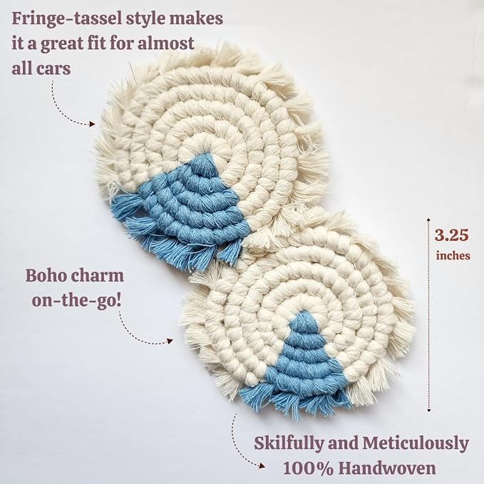 Cotton Car Coasters for Cup Holders, 2PC Car Cup Coasters, Drink Coaster Holder, Cute cupholder Coaster Accessories for Women, Macrame, Boho (Clear Sky)