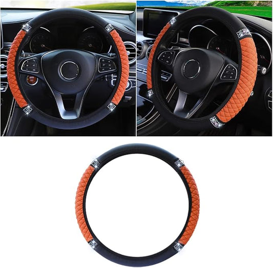 JOYCOURT 15 Inch Bling Soft Leather Car Steering Wheel Cover, Orange | Colorful Rhinestones Design, Auto Elastic Protector for Women Girls, Crystal Diamond Car Accessories for Most Cars, SUVs