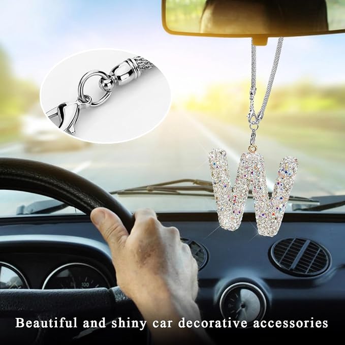 DXNQ Bling Initial Car Rear View Mirror Ornament, Crystal Sparkling Cute Letter Charm Pendant Auto Decor, Hanging Lucky Diamond Initial Charm Car Mirror Bag Ornament for Girl Women (Letter W)
