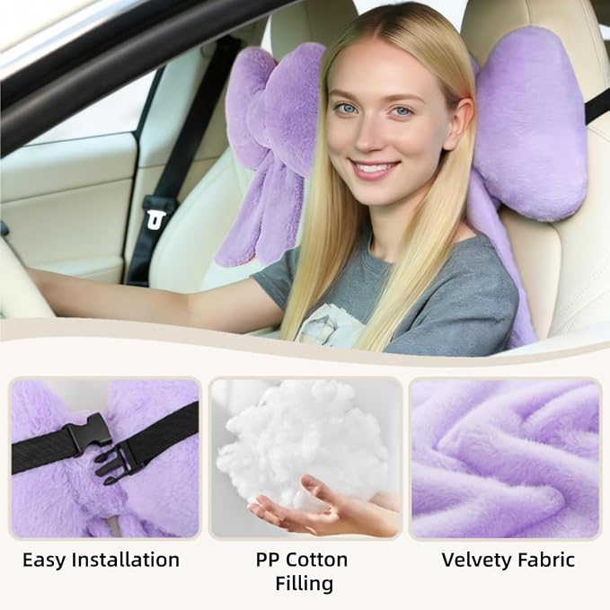 Sexysamba 2 Pcs Plush Bow Car Headrest Neck Pillow Cute Bow Pillow for Car Seat Décor Soft Neck Support for Comfortable Driving Traveling Office Fluffy Head Rest Cushion, Purple