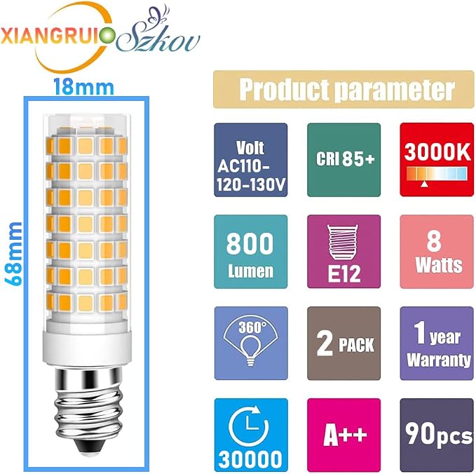 2-Pack E12 LED Bulb kx 2000 led Replacement Brother Sewing Machine Bulb Appliance Dryer Drum Water Dispenser Replacement Parts 120V Candelabra Bulb E12 Edison Screw Base 8W-Warm White 3000K