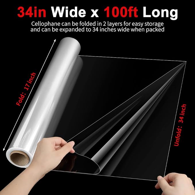 Mauproy 34 In x 100 Ft Clear Cellophane Wrap Roll | 34" Fold into 17", Extra Wide, 2.6 Mil Thick Transparent Wrapping Paper for Baskets, Flower Bouquets
