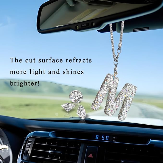 DXNQ Bling Initial Car Rear View Mirror Ornament, Crystal Sparkling Cute Letter Charm Pendant Auto Decor, Hanging Lucky Diamond Initial Charm Car Mirror Bag Ornament for Girl Women (Letter M)