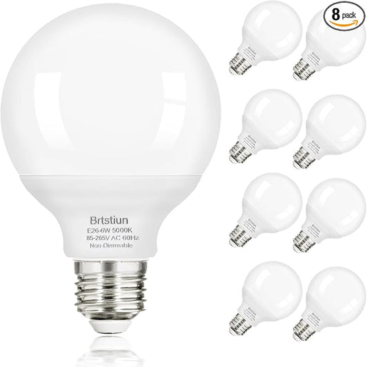 Brtstiun G25 LED Globe Light Bulbs, Round Vanity Light Bulbs for Bathroom, 40W Equivalent, Daylight White 5000K, E26 Base, 600LM, Non-Dimmable, 8-Pack