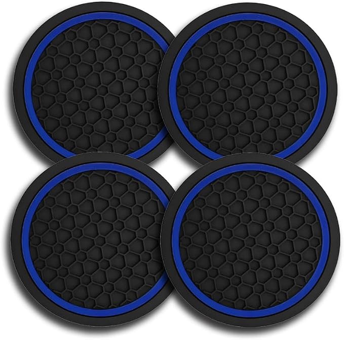 Car Cup Holder Coasters, Dustproof Automotive Interior Accessories Mat,2.75 Inch Non-Slip Insert Water Bottle Holder Pads, Universal for Vehicles, Trucks, RVs and More (Black/Blue, 4PCS)