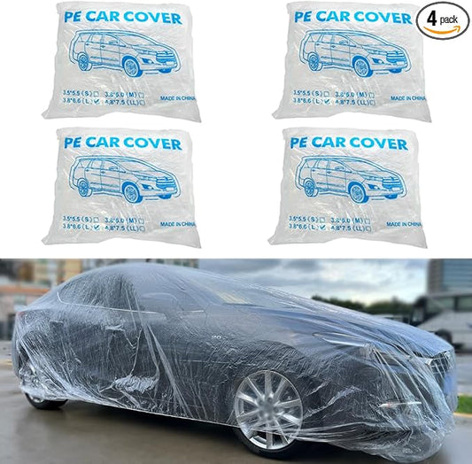 Blue 4 Packs Disposable Car Cover Clear Plastic Car Cover Universal Rain Dust Garage Cover with Elastic Band Medium (12.4 FT x 21.6 FT)