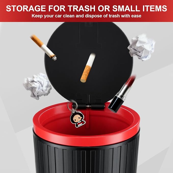 SINGARO 2PCS Car Trash Can with Lid, Leakproof Mini Garbage Bin for Car Cup Holder, Small Trash Can for Vehicle, Home & Office - Includes 60 Bags, Easy Clean (Black-Red)