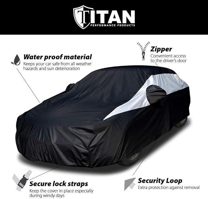Titan Jet Black Poly 210T Car Cover for Sedans 186-202". Waterproof, UV Protection, Scratch Resistant, Driver-Side Zippered Opening. Fits Camry, Accord and More.
