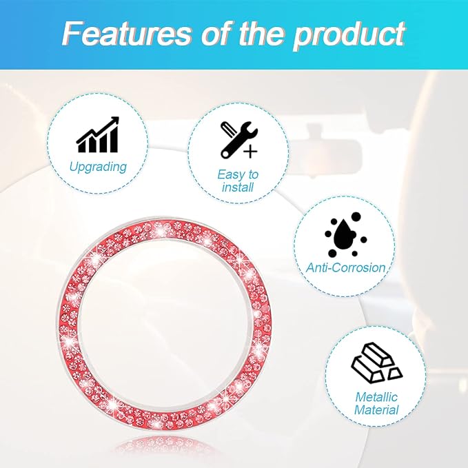 Car Bling Crystal Rhinestone Engine Start Ring Decals, 2 Pack Car Push Start Button Cover/Sticker, Key Ignition Knob Bling Ring, Sparkling Car Interior Accessories for Women (Red)