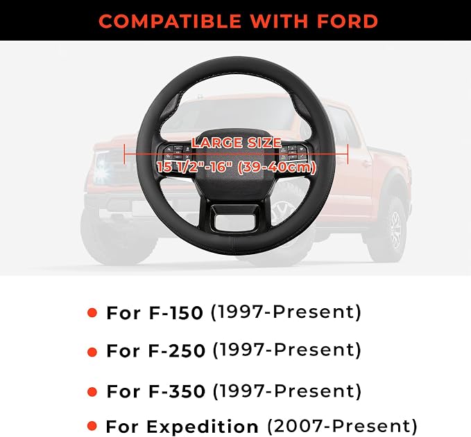 Steering Wheel Cover for Ford F150 F250 F350 1997-2026, Fit 15.5-16" Wheels (Black)