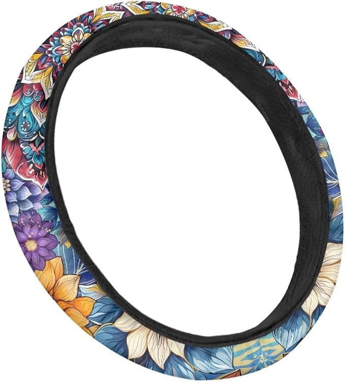 AFPANQZ Car Steering Wheel Covers for Womens Boho Flower Steering Wheel Cover Soft Anti-Slip Rubber Stretch-on Steering Wheel Protector Cover Sweat Auto Accessories Interior Decor