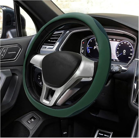 Car Steering Wheel Cover, Leather Breathable Ice Silk Auto Wheel Wrap with Anti-Slip Lining, Scratch-Resistant Elastic Protector Fit for 14.5-15 Inch Steering Wheels (Green)