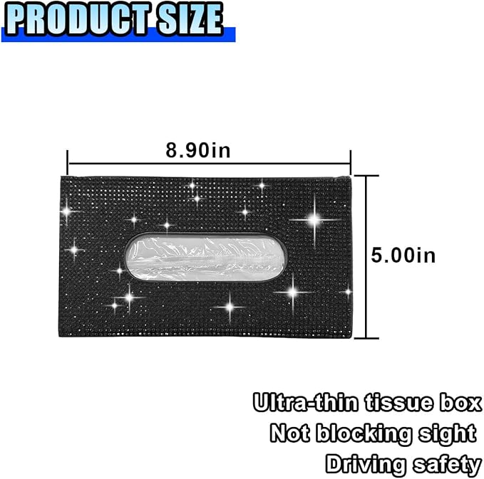 Bling Car Sun Visor Tissue Box Holder, PU Leather Auto Paper Towel Cover, Glitter Crystal Rhinestone Napkin Holder, Car Decoration Accessories for Women (Black)