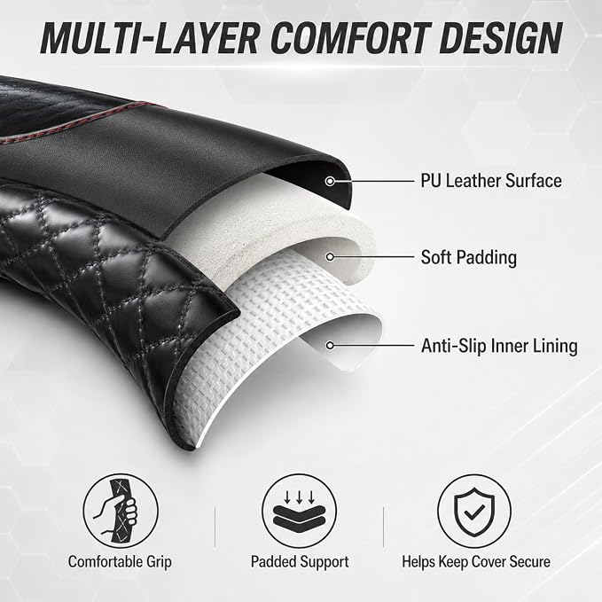 Couslcd 14.5-15 Inch Leather Steering Wheel Cover with Soft Padded Lining, Anti-Slip Comfort Grip, Universal Steering Wheel Protector for Most Cars, SUVs, Trucks (Black)