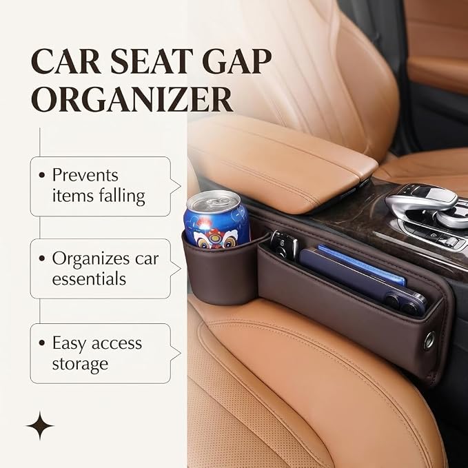 2-Pack Car Seat Gap Filler Organizer with Cup Holder - Premium Leather - Universal Fit - Keeps Phone/Wallets/Keys/Cans Organized (Driver & Passenger Side)
