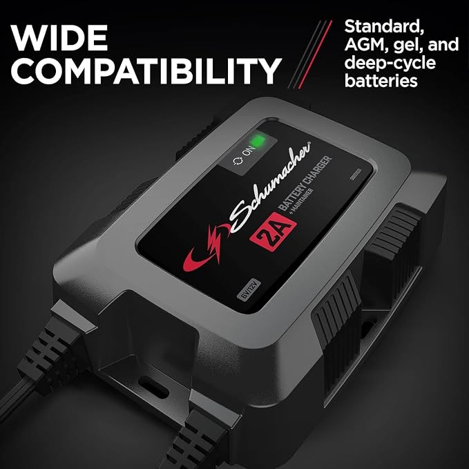 Schumacher Electric Fully Automatic 2A 6V / 12V Battery Charger & Maintainer - Multi-Stage Smart Charging with Quick-Connect Clamps - Car Battery Charger for Motorcycles, Lawn Mowers & More - SC1588