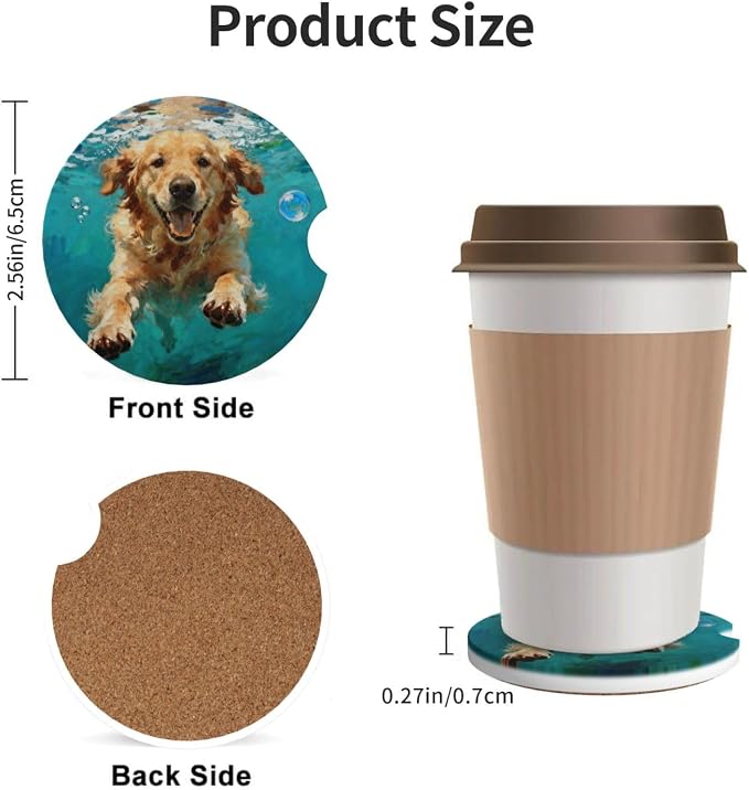 Golden Retriever Underwater 2 Pack Car Cup Holder Coasters Absorbent Ceramic Drink Coasters 2.56" Anti Slip Cup Mat with Cork Base and Finger Notch Auto Accessories Interior for Women Men