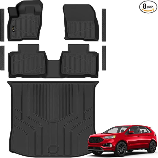 Floor Mats & Cargo Liner Custom Fit for Ford Edge 2015-2024 2025 2026, Door Sill Guards, All Weather TPE Rubber Anti-Slip 1st & 2nd Row & Trunk Mat Floor Liners for Edge 2024 Accessories