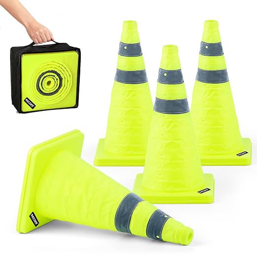 BATTIFE [4 Pack] 18 Inch Collapsible Traffic Cones, Lime Green Safety Cones, Pop-up Cones with Reflective Collar, for Driving Practice,Road Parking (Green)