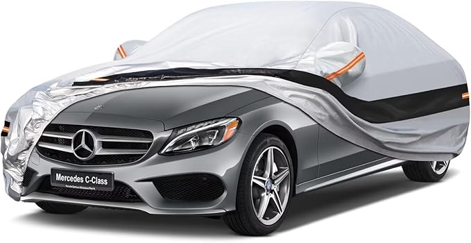10 Layers Car Cover Custom Fit for Mercedes Benz C Class C250 C300 C43 C63 (1993-2026), Waterproof All Weather for Automobiles, Outdoor Full Cover Sun Dust Rain Protection with Cotton. Silver