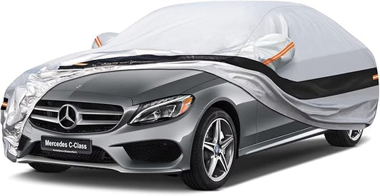 10 Layers Car Cover Custom Fit for Mercedes Benz C Class C250 C300 C43 C63 (1993-2026), Waterproof All Weather for Automobiles, Outdoor Full Cover Sun Dust Rain Protection with Cotton. Silver