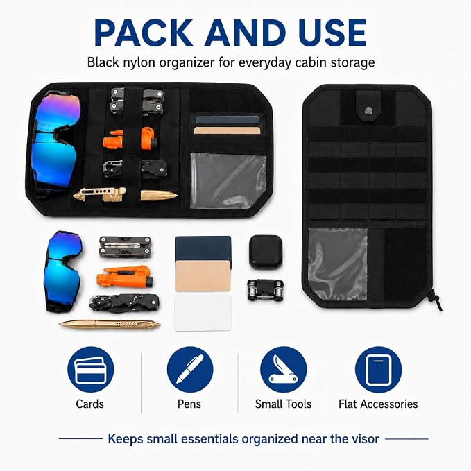 GOOGO Car Sun Visor Organizer, Black Nylon MOLLE Panel | black nylon pouch with a MOLLE panel, strap-on organizer format, for cards, pens, small tools, and flat accessories
