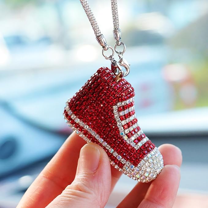 Bling Sneaker Shoe Sparkly Car Hanging Ornament, Cute Crystal Rear View Mirror Pendant, Diamond Rearview Mirror Charms, Lucky Car Interior Decor Accessories (Red)