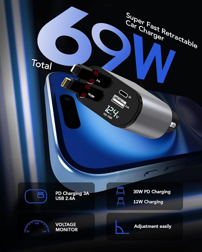 Retractable Car Charger,Car Phone Charger USB C Fast Charge for iPhone | EloBeth Car Charger,Cigarette Lighter USB Charger Car Accessories,Road Trip Essentials Gift for Men,for iPhone 17/16,Galaxy