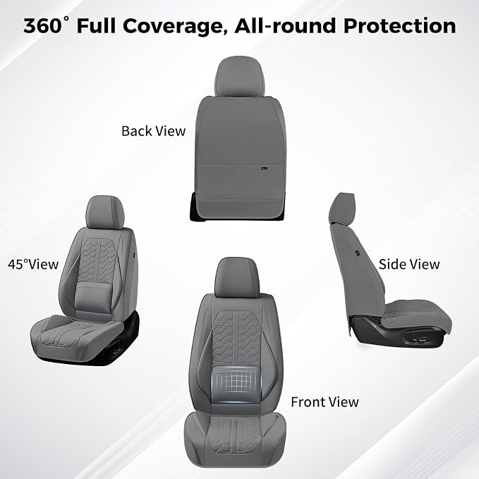 Huidasource Front Car Seat Covers, Nappa Leather Grey Car Seat Cushion Covers, Waterproof Full-Coverage Front Seat Cover with Lumbar Support Fit for Most Cars SUV Trucks, Gray