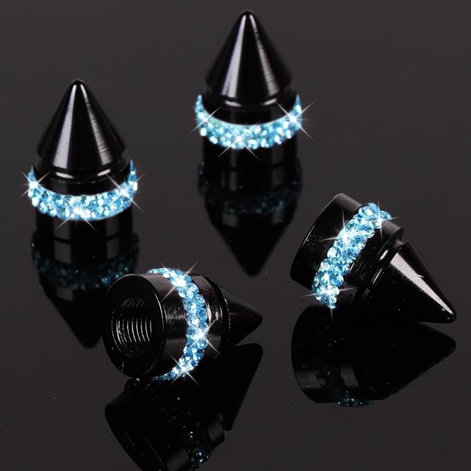 ToBeQueen Bling Teal Valve Stem Caps, Handmade Crystal Rhinestone Dimand Teal Valve caps, 4 Pack Aluminum Alloy Universal Tire Caps Blue Bling Car Accessories(Blue)