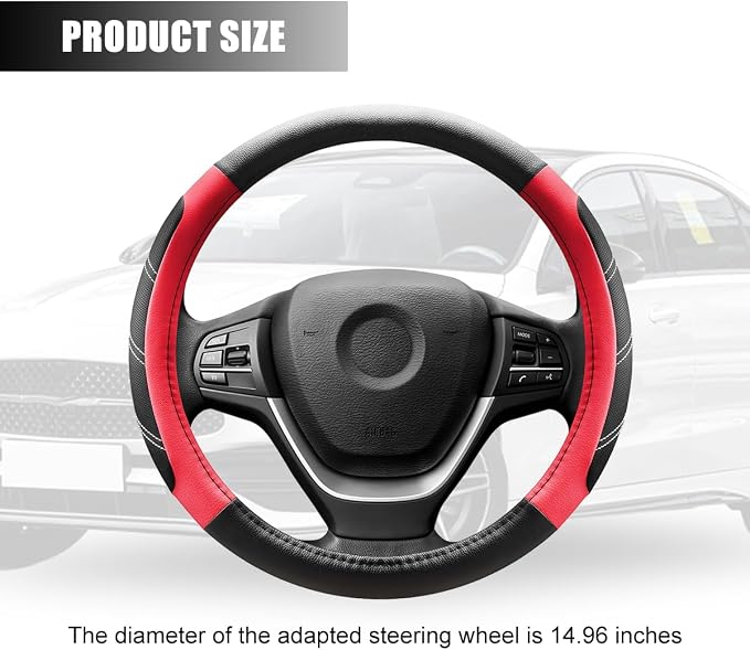 Zpana Car Steering Wheel Cover, 15 Inch Carbon Fiber Leather Non-Slip Steering Wheel Protector with Lining, Breathable Automotive Interior Accessories, Universal for SUV RV Truck (Red)