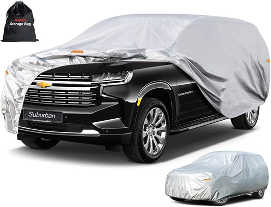 Kayme 6 Layers SUV Car Cover Custom Fit for Chevrolet Chevy Suburban (1973-2025) Waterproof All Weather for Automobiles, Outdoor Full Cover Rain Sun UV Protection.Silver