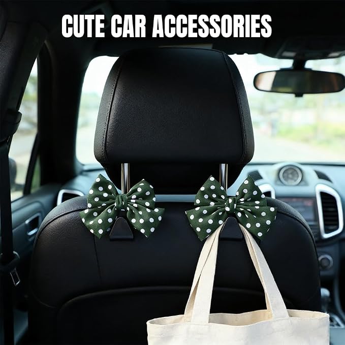 2PCS Car Seat Headrest Hooks, Car Purse Hook, Cute Bow Knot Vehicle Seatback Hanging Storage Organizer, Auto Seatback Decor Organizer Hanger for SUV Truck (Green/Polka Dot)