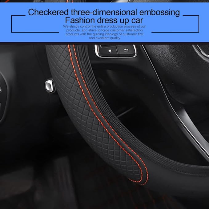 LoyaForba Leather Car Steering Wheel Cover, Elastic Breathable Anti-Slip Steering Wheel Protector, Car Interior Accessories for Men Women, Universal 15 Inch for Most Cars (Black/Orange)