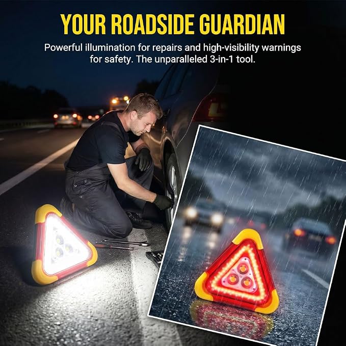 2026 New 3-in-1 Solar Emergency Triangle Warning Light at the Roadside, Portable LED Roadside Triangles with USB Rechargeable, Waterproof Hazard Reflector for Car Breakdowns (2Sets, 9.45*10.63inch)