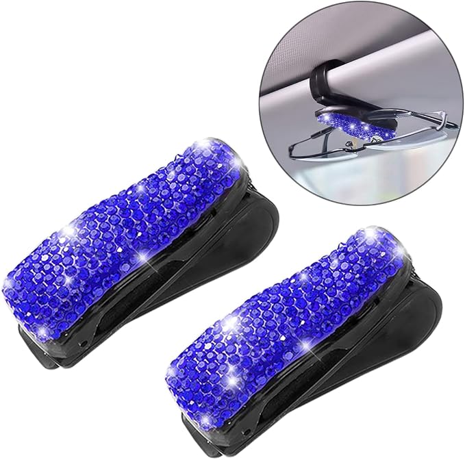 Moly Magnolia Bling Car Glasses Holder, 2PCS Handcrafted Crystal Rhinestones Fashion Car Sunglasses Mount with Card Clip for All Sun Visors, Auto Interior Accessories for Women Girl (Deep Blue)