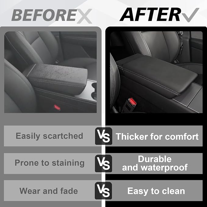 Muslogy Center Console Armrest Cover Fit for 2026 2025 Tesla Model Y Juniper & Model Y L (Standard, Premium &Performance) / Model 3 Highland 2024+ Accessories Comfort Armrest Pad Snap-On (Hard Cover)