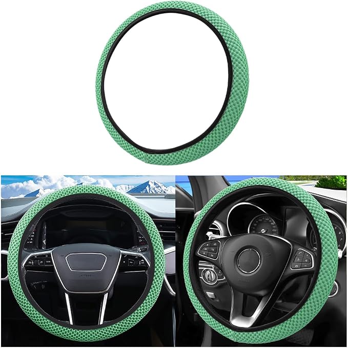 Car Elastic Stretch Steering Wheel Cover, 14.5-15" Breathable Ice Silk Anti-Slip Vehicle Steering Wheel Protector, Comfy Auto Interior Protection Accessories, Universal Fit (Green)