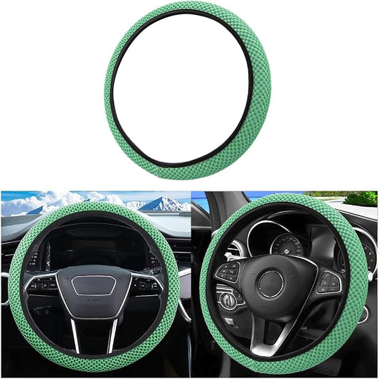 Car Elastic Stretch Steering Wheel Cover, 14.5-15" Breathable Ice Silk Anti-Slip Vehicle Steering Wheel Protector, Comfy Auto Interior Protection Accessories, Universal Fit (Green)