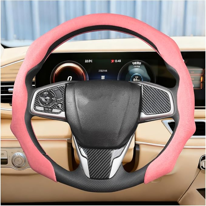 Car Steering Wheel Cover, Soft Brethable Suede Non-Slip Vehicle Steering Wheel Protector, Comfortable Sporty Auto Interior Protection Accessories, Universal for Truck SUV Van (Light Pink)