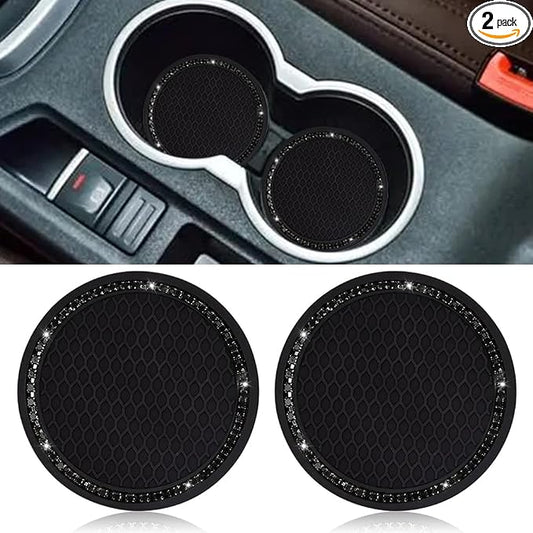 SUNCARACCL Car Cup Holder Coaster, 2 Pack Universal Bling Vehicle Insert (2.75" Diameter), Crystal Rhinestone Car Interior Accessories (Black with Black Diamond).