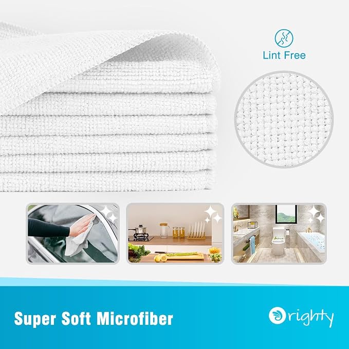 Orighty Microfiber Cleaning Cloth, Cleaning Rags, 12 Pack, 12x11 in, White | Microfiber Towels for Cars, Soft Highly Absorbent Rag, Lint Free Cloths for Car Care, House, Kitchen